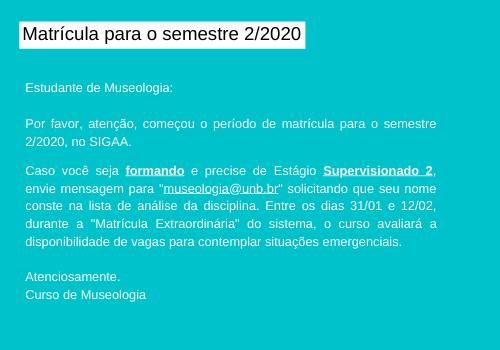 Período de matrícula para o semestre 2/2020
